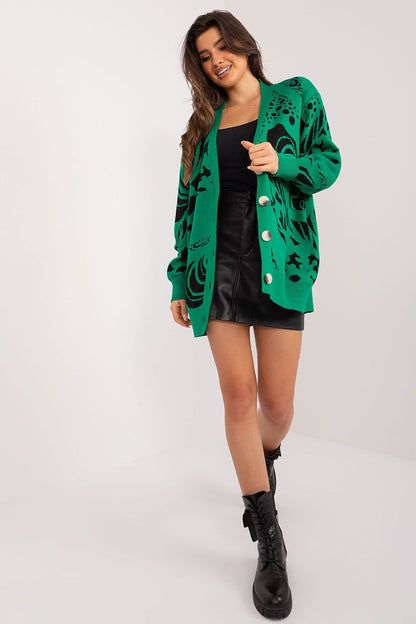 Luxury Badu women's long cardigan featuring a stylish V-neck design made from an acrylic and wool blend, perfect for elegant everyday wear.