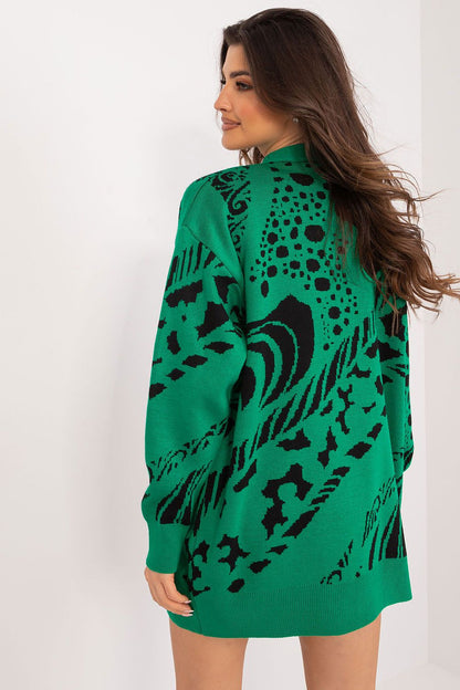 Badu women's long cardigan styled with elegant trousers, illustrating the versatile fashion appeal of this V-neck acrylic and wool blend piece.