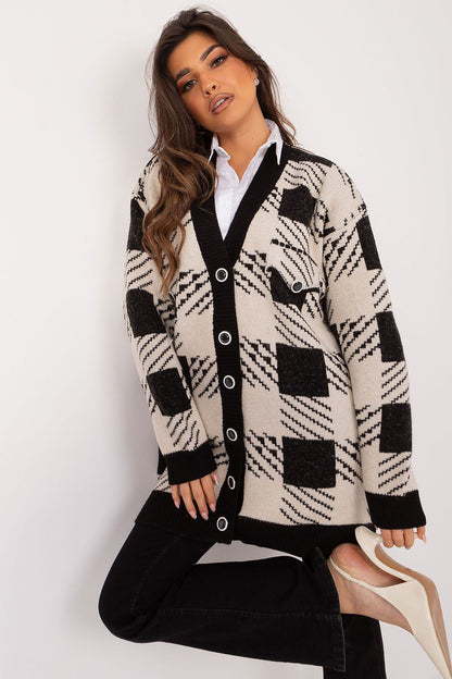 Elegant long women's cardigan sweater by Badu in EU size 0, crafted from a soft acrylic blend with a modern geometric pattern.