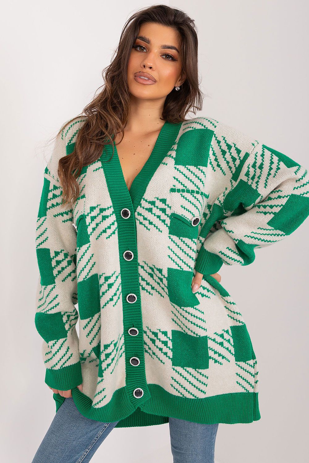 Elegant long women's cardigan sweater by Badu, featuring a geometric pattern, V-neck design, and button closure, perfect for sophisticated casual styling.