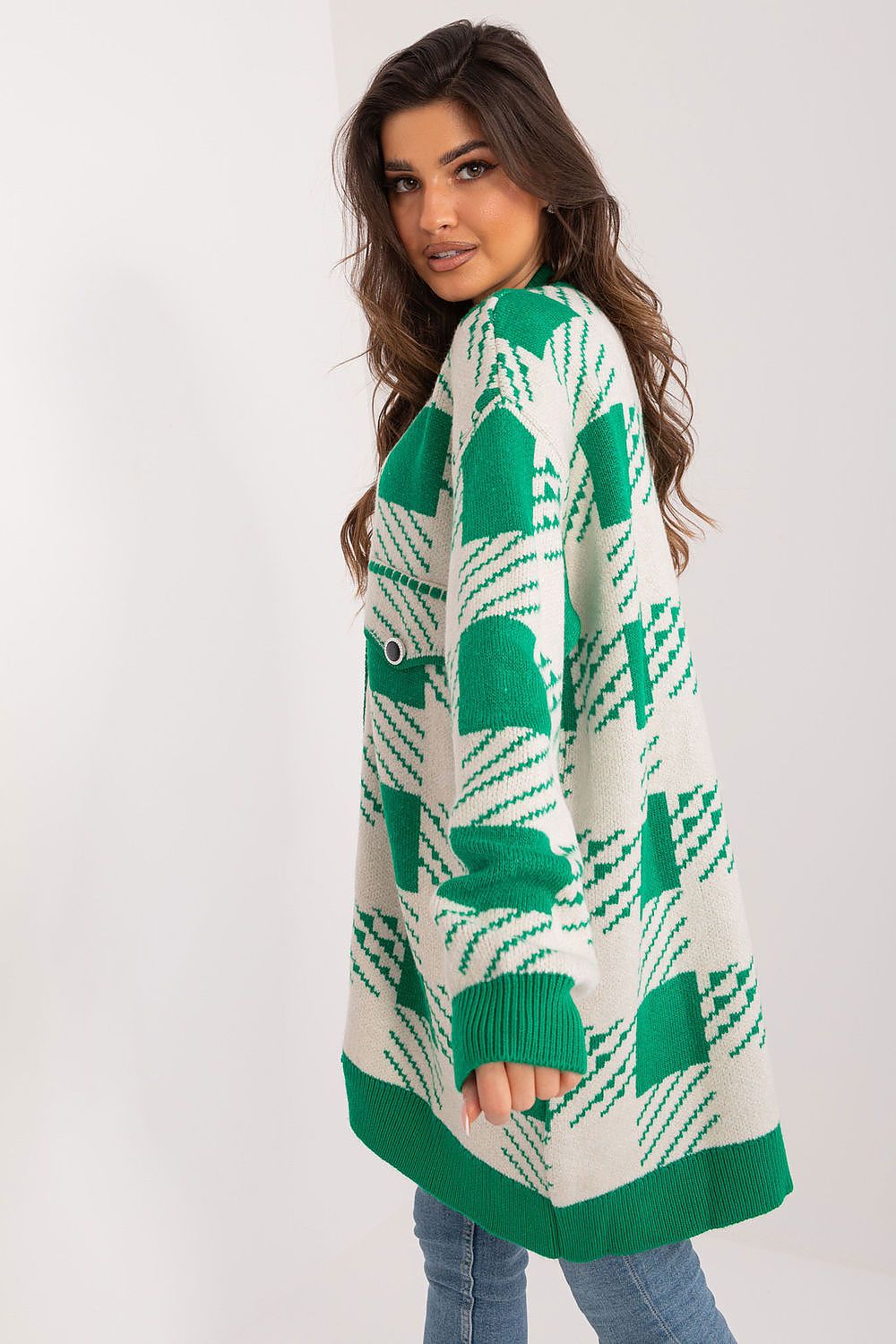 Stylish long cardigan sweater for women by Badu in EU sizes, showcasing a soft acrylic blend and modern geometric print, ideal for both office and casual wear.