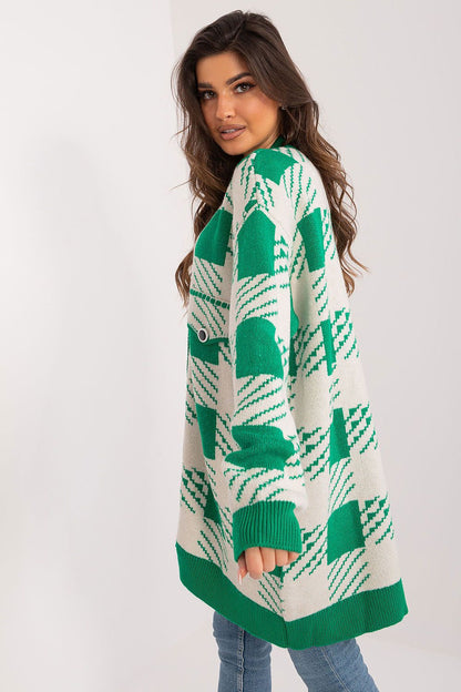 Stylish long cardigan sweater for women by Badu in EU sizes, showcasing a soft acrylic blend and modern geometric print, ideal for both office and casual wear.