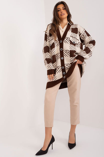 Trendy V-neck long cardigan sweater designed by Badu, offering a soft and stretchy feel, featuring an eye-catching geometric pattern for a fashionable look.