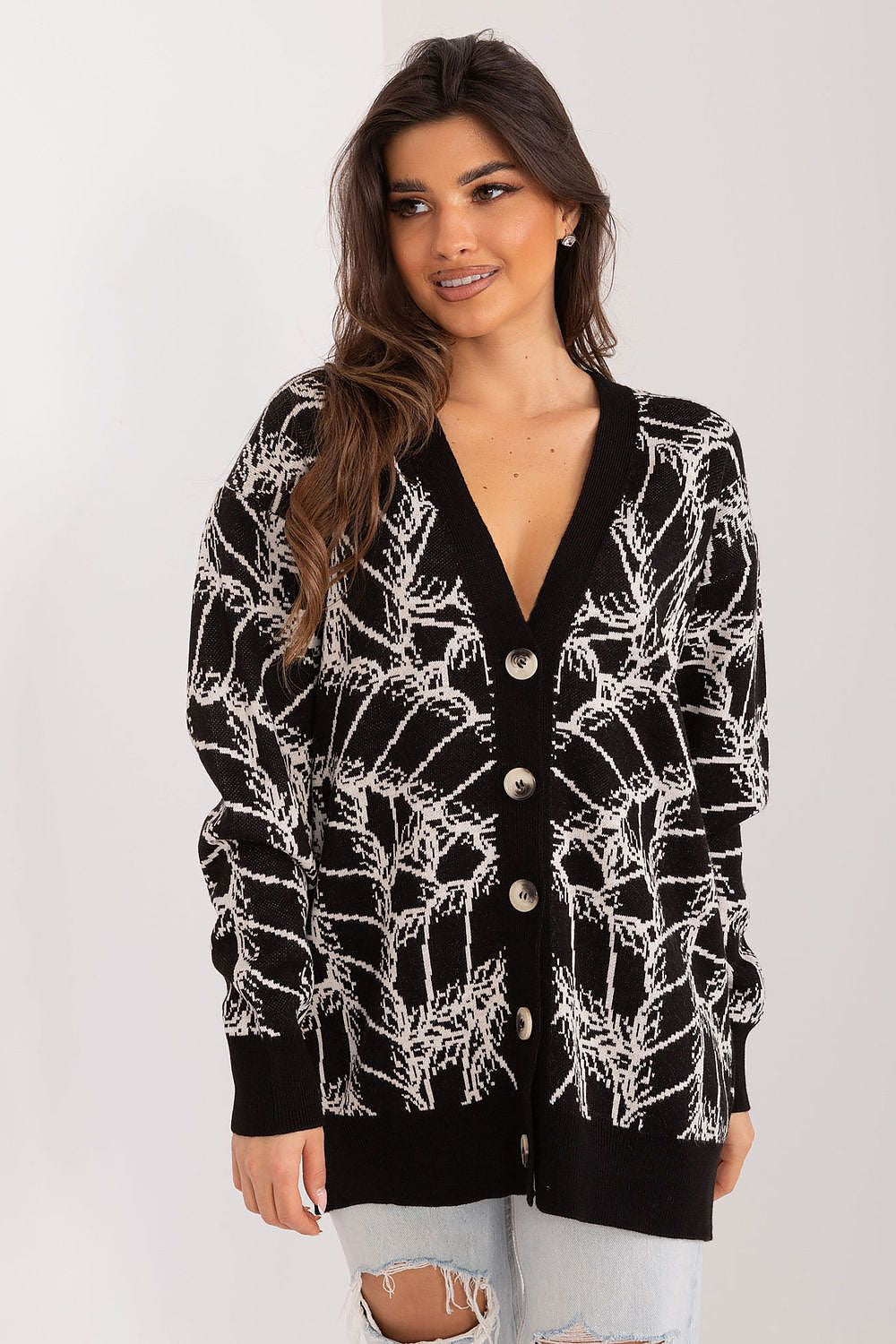 Luxury women's V-neck cardigan sweater by Badu, made from a soft acrylic-wool blend, perfect for stylish everyday wear.