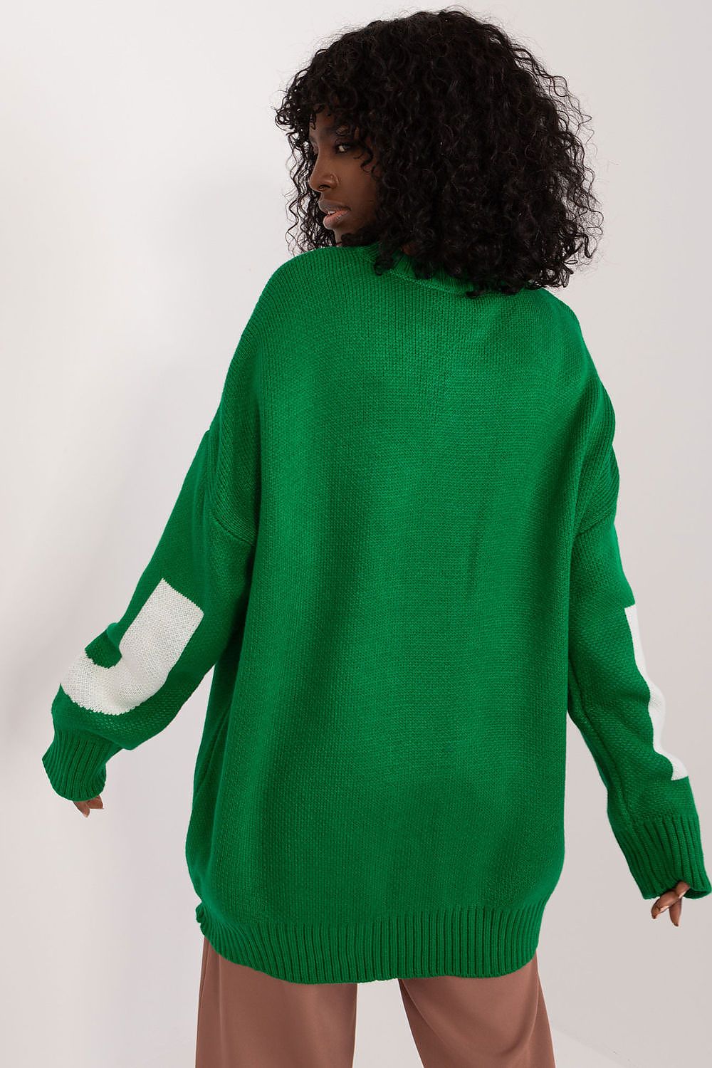 Badu's chic long sweater for women featuring a round neckline and fashionable front print, ideal for a trendy casual look.