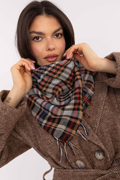 Elegant 100cm checkered neckerchief scarf by AT featuring decorative fringes, crafted from a luxurious polyester and viscose blend.