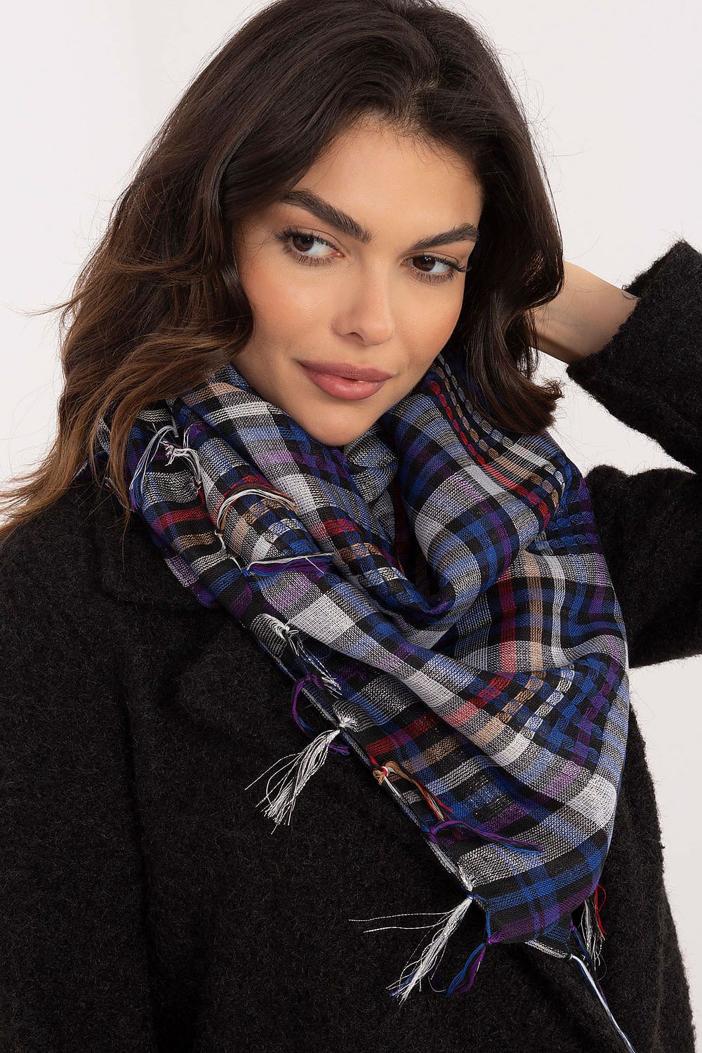 Luxury checkered scarf from AT, made from premium polyester and viscose blend, featuring elegant fringes for added style.