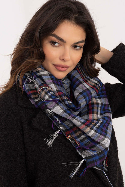 Luxury checkered scarf from AT, made from premium polyester and viscose blend, featuring elegant fringes for added style.