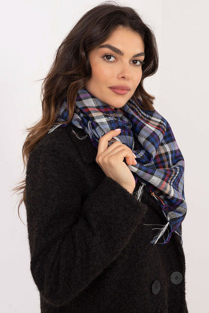 Luxurious 100cm checkered neckerchief scarf with decorative fringes, made from soft polyester and viscose by vendor AT.