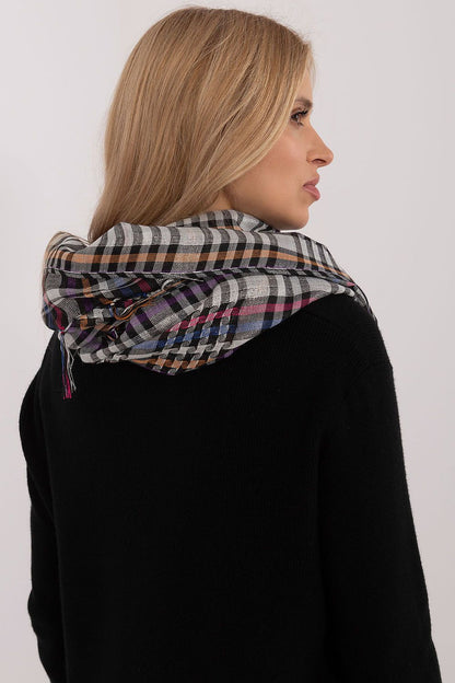 Luxury stylish checkered neckerchief scarf by AT, featuring decorative fringes and made from a warm soft polyester and viscose blend, perfect for elevating casual outfits.