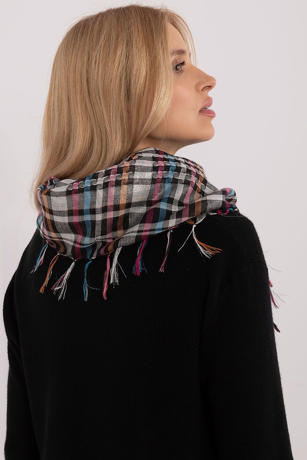 Sophisticated AT neckerchief scarf draped elegantly to accentuate its warm, soft textile composition, perfect for winter layering.