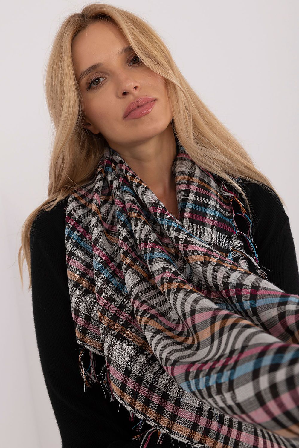 Artistic layout of the AT stylish checkered neckerchief scarf featuring a luxurious polyester and viscose blend, ideal for both travel and casual wear.