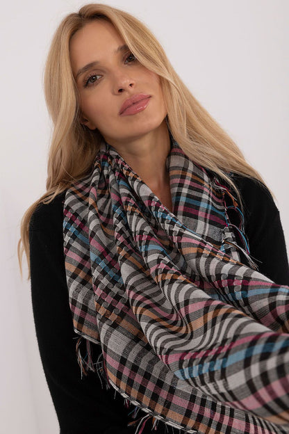 Artistic layout of the AT stylish checkered neckerchief scarf featuring a luxurious polyester and viscose blend, ideal for both travel and casual wear.