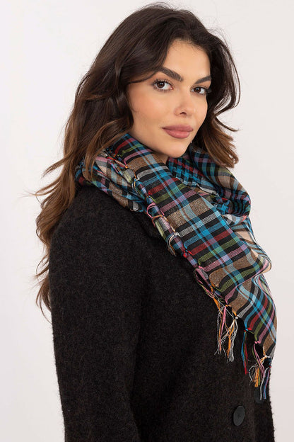 Luxurious beige and black checkered neckerchief scarf with elegant fringes, designed for warmth and style by AT.
