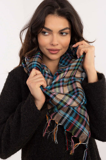 High-quality checkered neckerchief scarf with decorative fringes, ideal for work and travel, offered by AT.