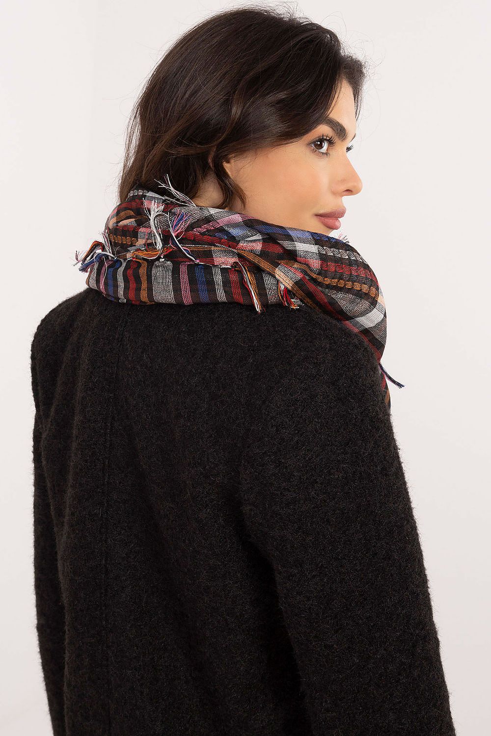 Elegant close-up of the soft polyester and viscose blend neckerchief scarf by AT, featuring a classic checkered pattern.