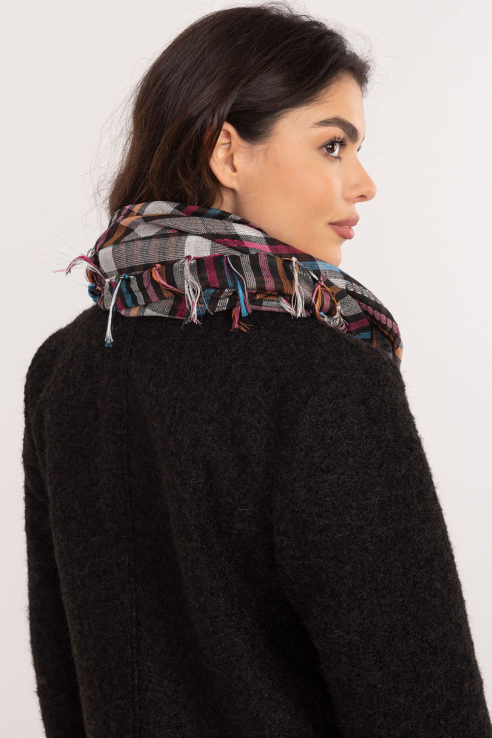 Luxurious stylish checkered neckerchief scarf by AT, featuring decorative fringes and crafted from a warm soft polyester and viscose blend.