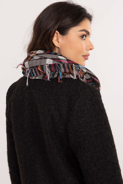 Luxurious stylish checkered neckerchief scarf by AT, featuring decorative fringes and crafted from a warm soft polyester and viscose blend.
