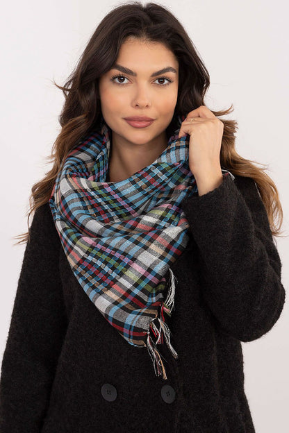 Chic 100cm checkered neckerchief scarf with fringes by AT, ideal for sophisticated everyday looks and travel protection.