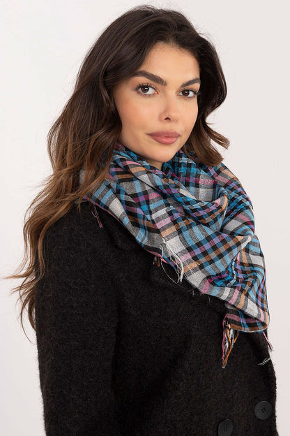 Elegant 100cm checkered neckerchief scarf by AT, crafted from a warm polyester and viscose blend with decorative fringes.