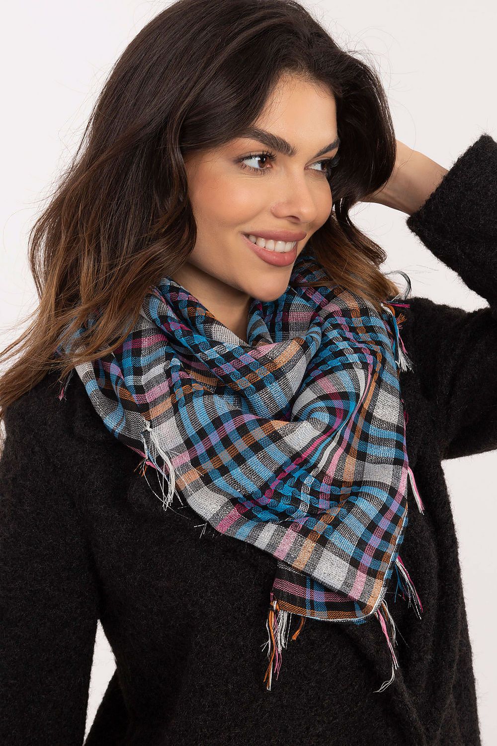 Sophisticated fringed neckerchief scarf by AT, featuring a timeless checkered pattern made from premium polyester and viscose.