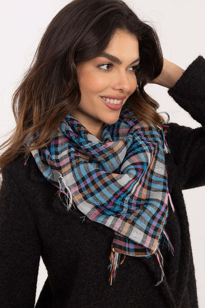 Sophisticated fringed neckerchief scarf by AT, featuring a timeless checkered pattern made from premium polyester and viscose.