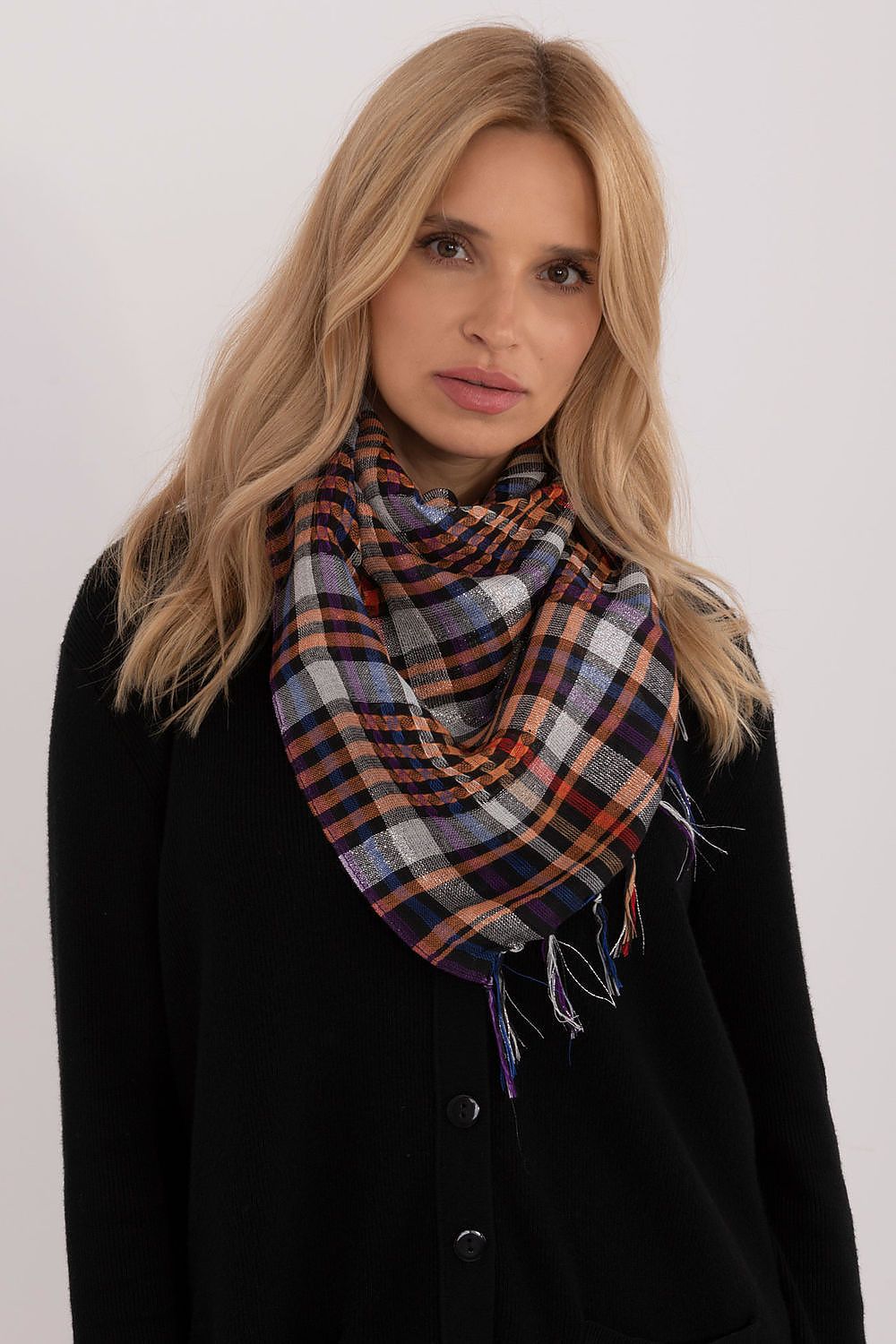 Versatile checkered neckerchief scarf, perfect for every occasion, featuring decorative edges and premium material blend by AT.