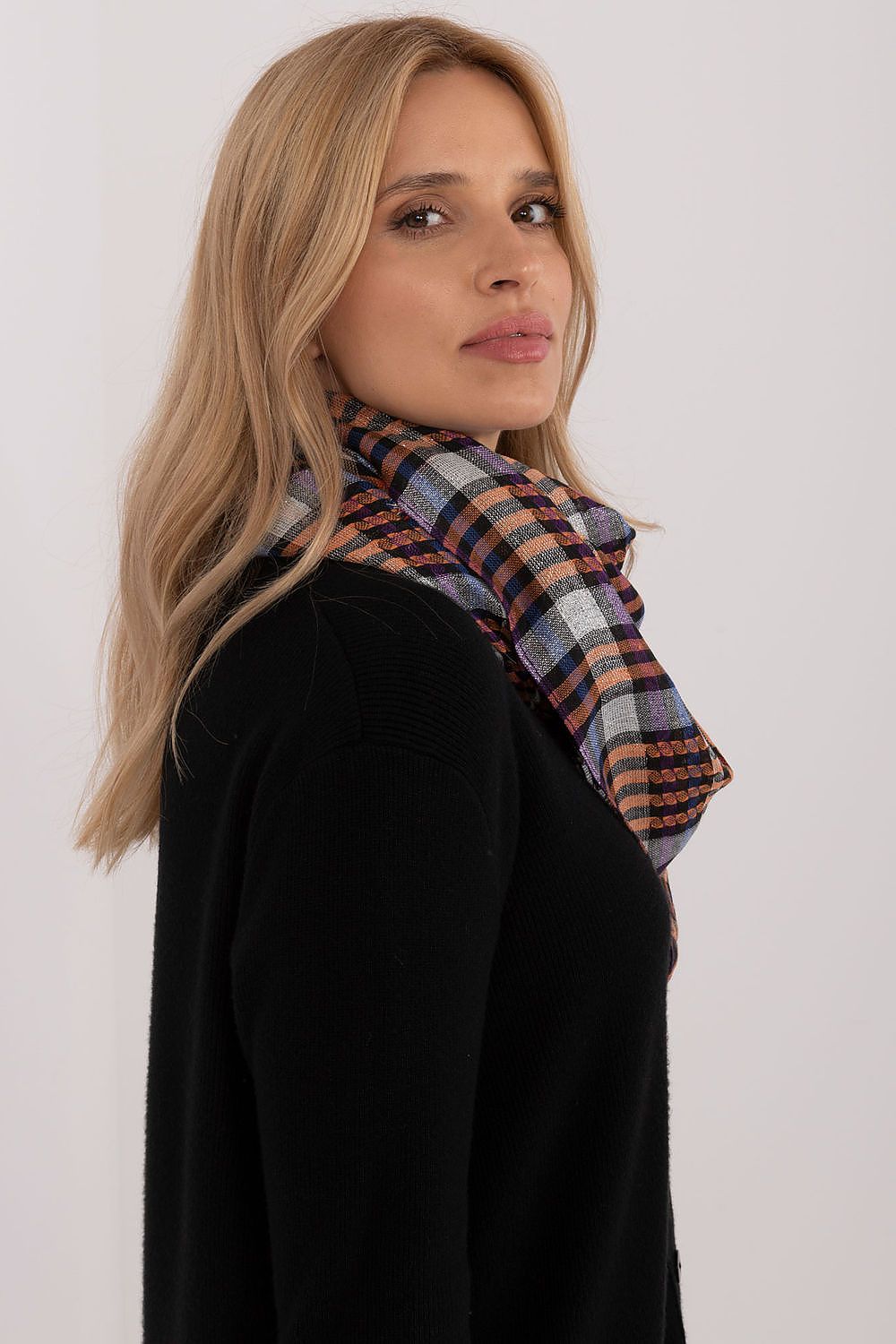 Trendy neckerchief scarf with a chic checkered style and decorative fringes, made from soft polyester and viscose blend by AT.