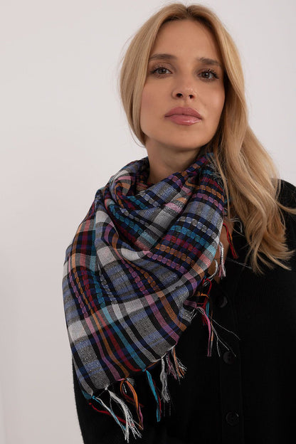 Elegant checkered neckerchief scarf from AT, featuring decorative fringes and made from a luxurious polyester and viscose blend.