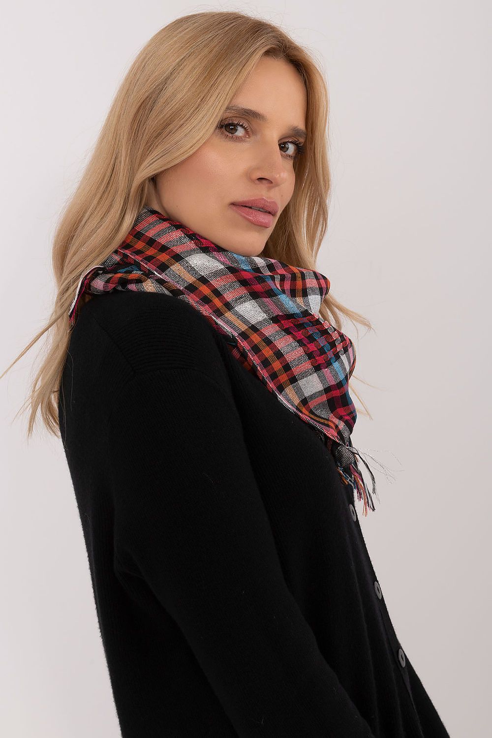 Stylish shawl-like checkered neckerchief by AT, designed for comfort with decorative edges, perfect for any upscale outfit.