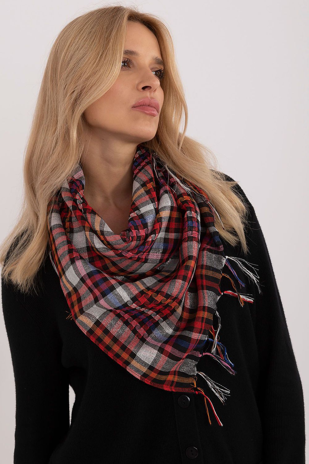 Luxury Stylish Checkered Neckerchief Scarf by AT, 100cm, featuring decorative fringes, made from soft polyester and viscose blend, ideal for everyday elegance.