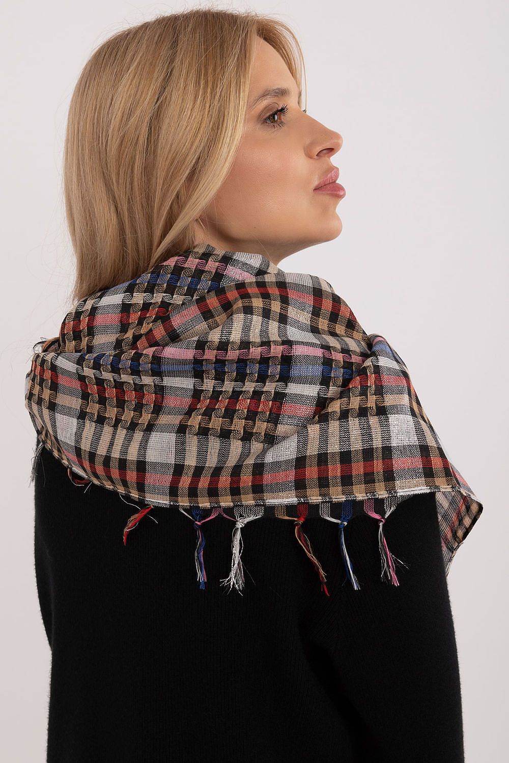 Classy Checkered Neckerchief Scarf from AT, 100cm in size, featuring delicate fringes, crafted from a luxurious soft polyester and viscose blend.