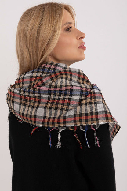 Classy Checkered Neckerchief Scarf from AT, 100cm in size, featuring delicate fringes, crafted from a luxurious soft polyester and viscose blend.