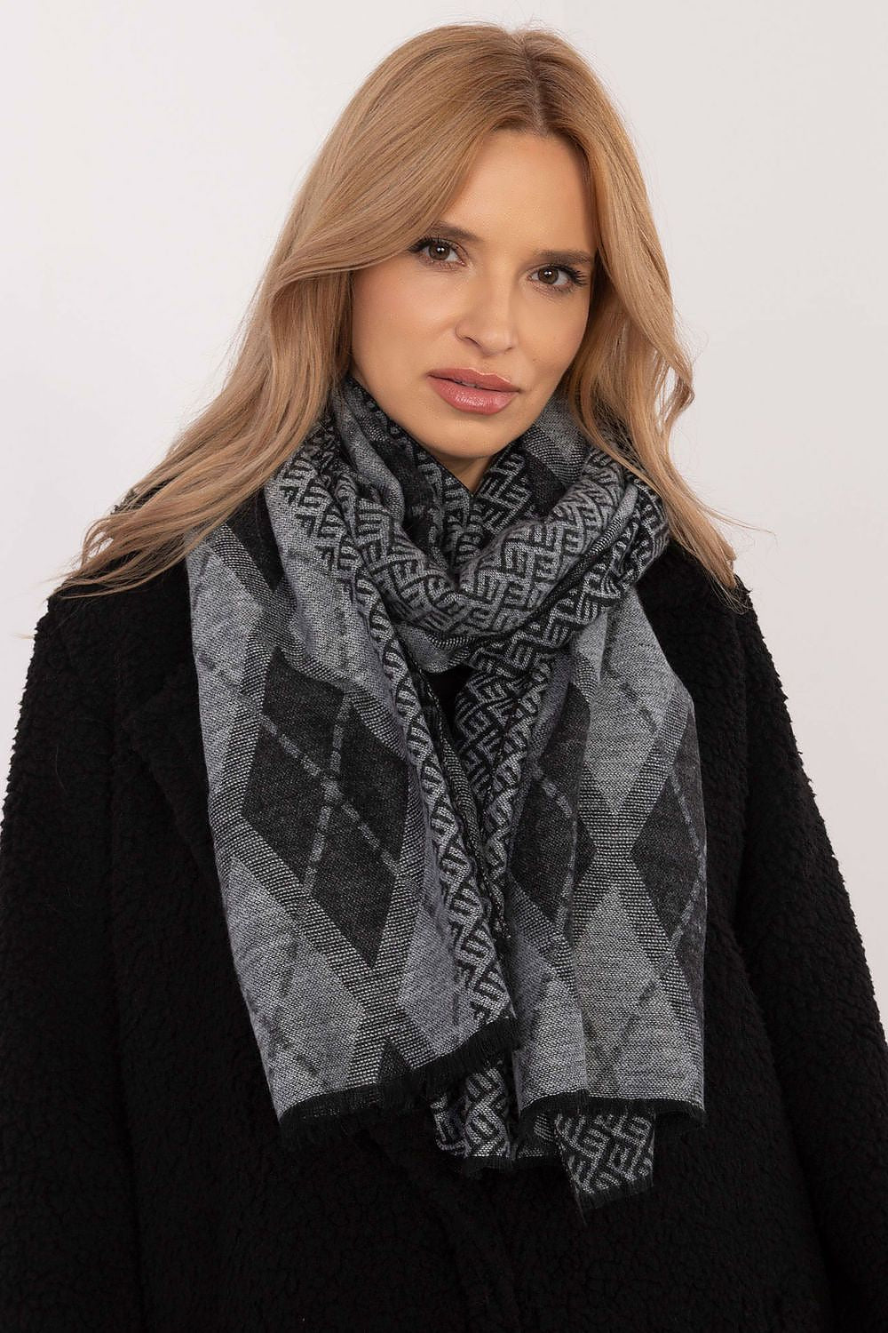 Luxurious viscose neckerchief scarf from AT with a chic geometric print, enhancing the elegance of any wardrobe ensemble.