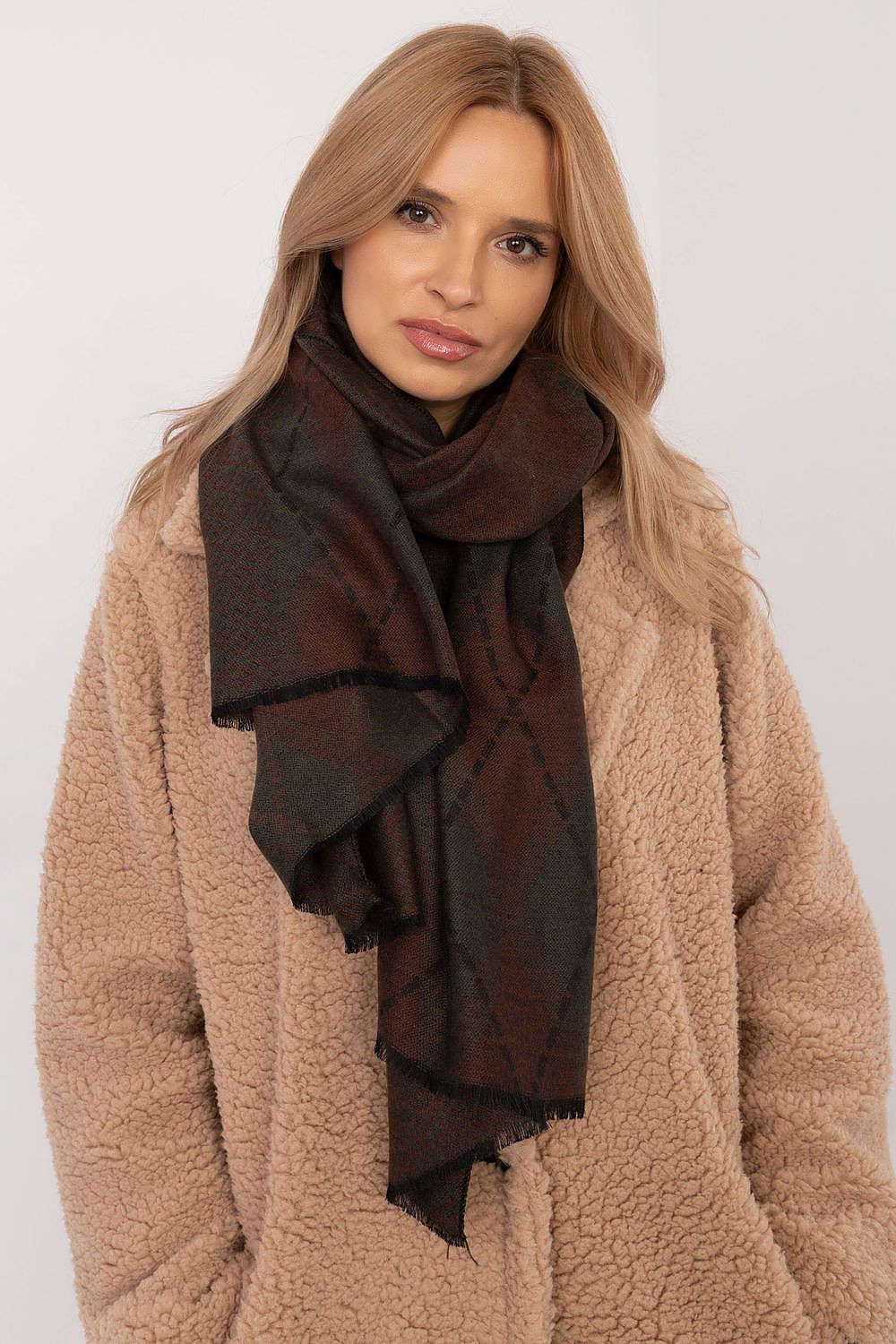 High-quality viscose neckerchief scarf by AT, featuring a chic geometric design, perfect for versatile styling in luxurious outfits.