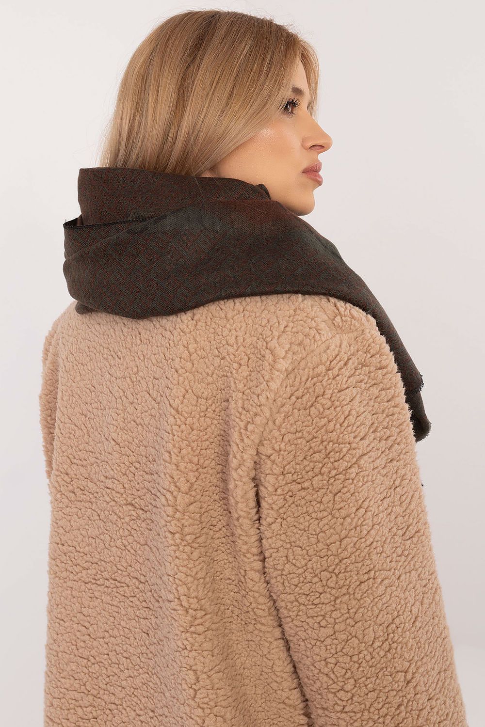 Visual of the stylish viscose neckerchief scarf by AT, highlighting its soft texture and contemporary geometric pattern.