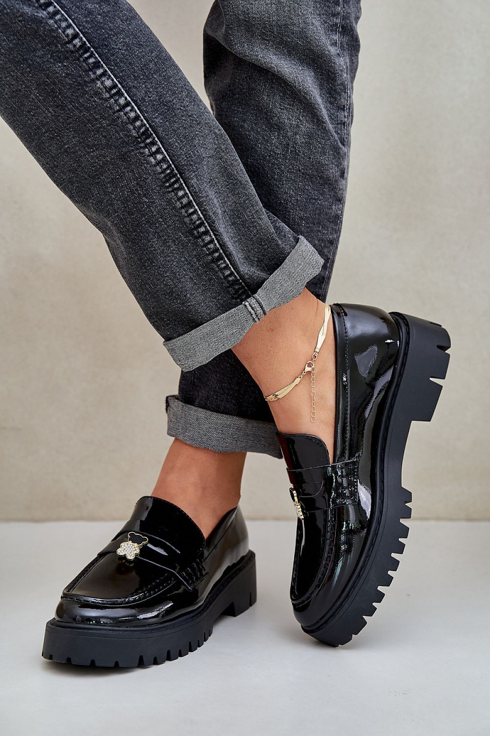 Elegant eco-leather loafers for women with unique teddy bear pin detail, crafted by Step in Style for sophisticated casual wear.