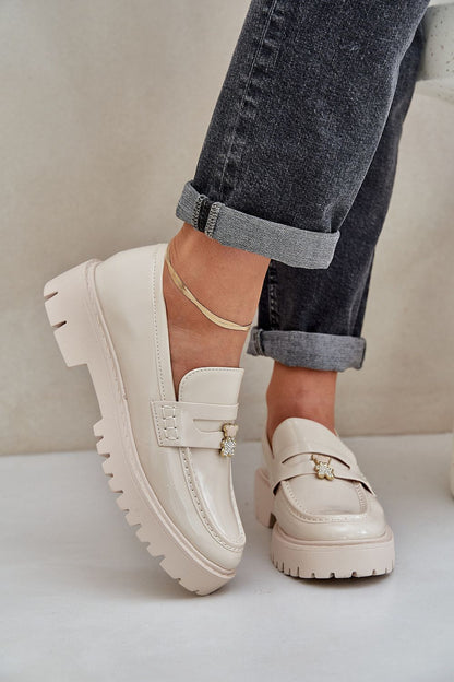 Chic women's loafers in eco-leather with a playful teddy bear pin, offering luxury and comfort by Step in Style.