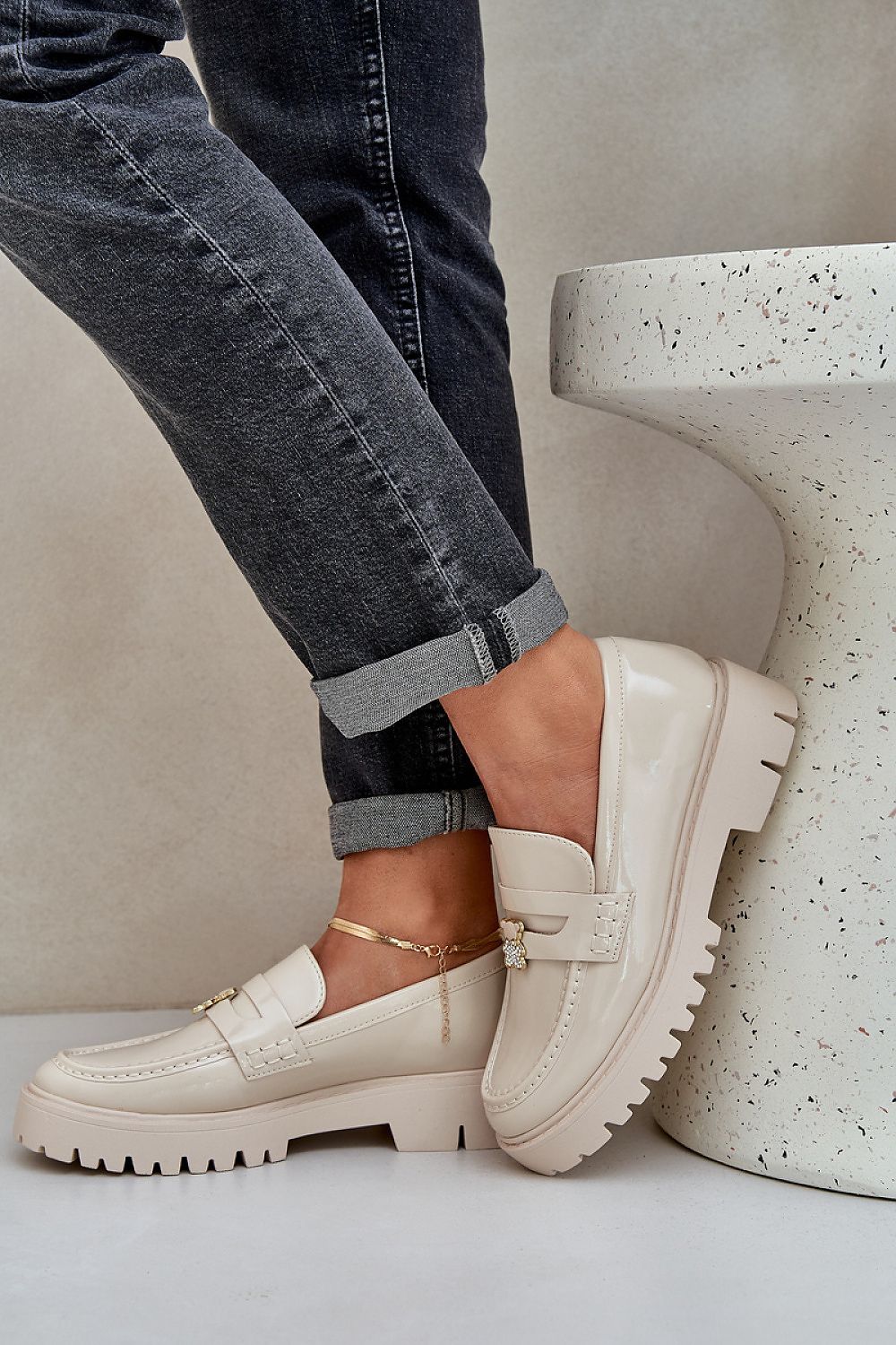 Luxury eco-leather women's loafers with a teddy bear pin by Step in Style, showcasing elegance and comfort in sizes EU 36-41.