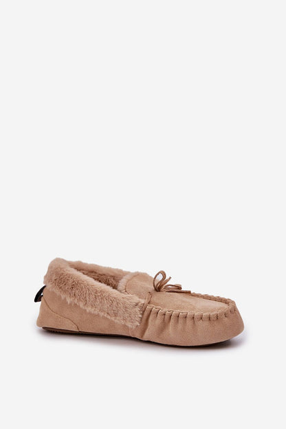 Elegant eco suede moccasin slippers featuring a soft fur-lined interior, designed by Step in Style for ultimate comfort.
