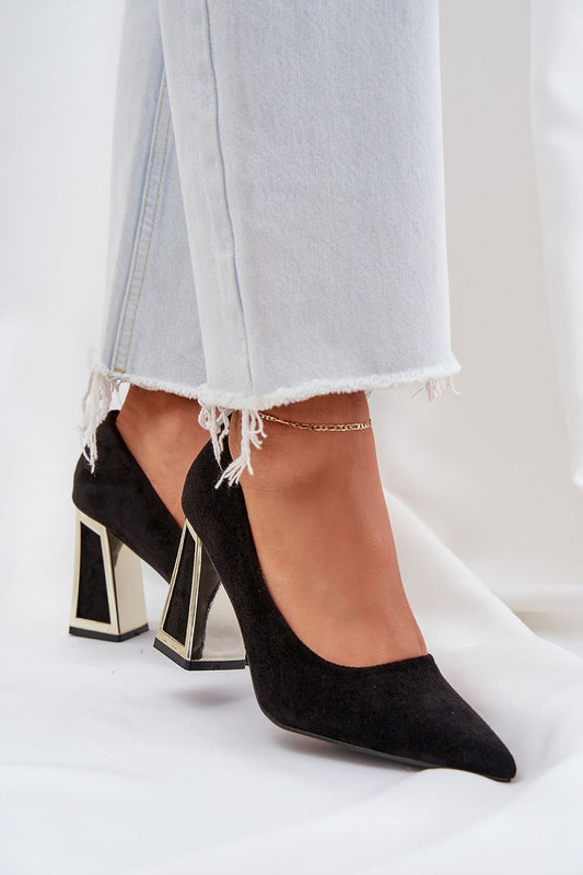 Elegant eco suede block heel pumps by Step in Style, featuring a sophisticated pointed toe and a modern mirrored detail, perfect for special occasions.