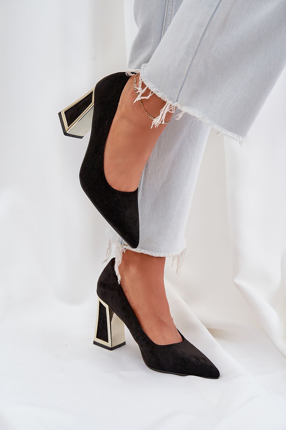 Elegant Eco Suede Block Heel Pumps with Mirrored Detail by Step in Style, featuring pointed toes and a high column heel, perfect for sophisticated evening wear and celebrations.