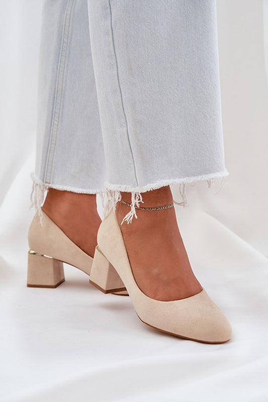 Elegant eco suede block heel pumps by Step in Style featuring a rounded toe and stylish gold accent, perfect for both everyday and formal occasions.