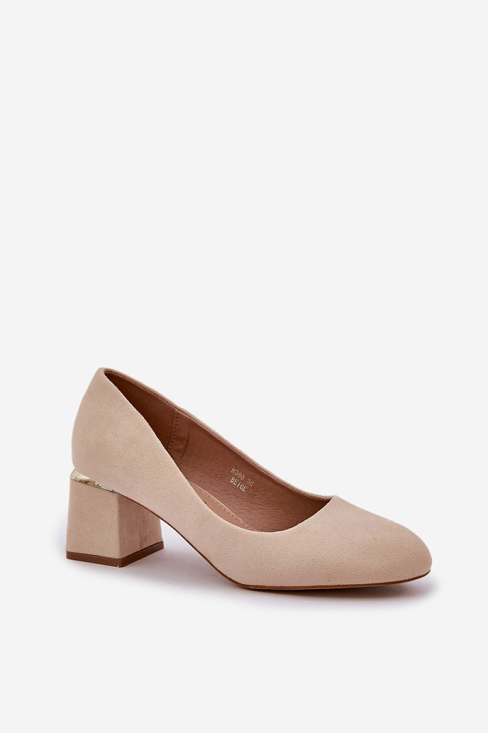 Close-up of Step in Style eco suede pumps showcasing the natural leather insole for all-day comfort and a sophisticated design suitable for any wardrobe.