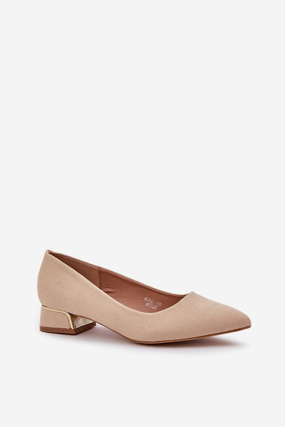 Refined Eco Suede Low-Heeled Pumps by Step in Style, adorned with gold accents, perfect for adding a touch of elegance to any outfit.