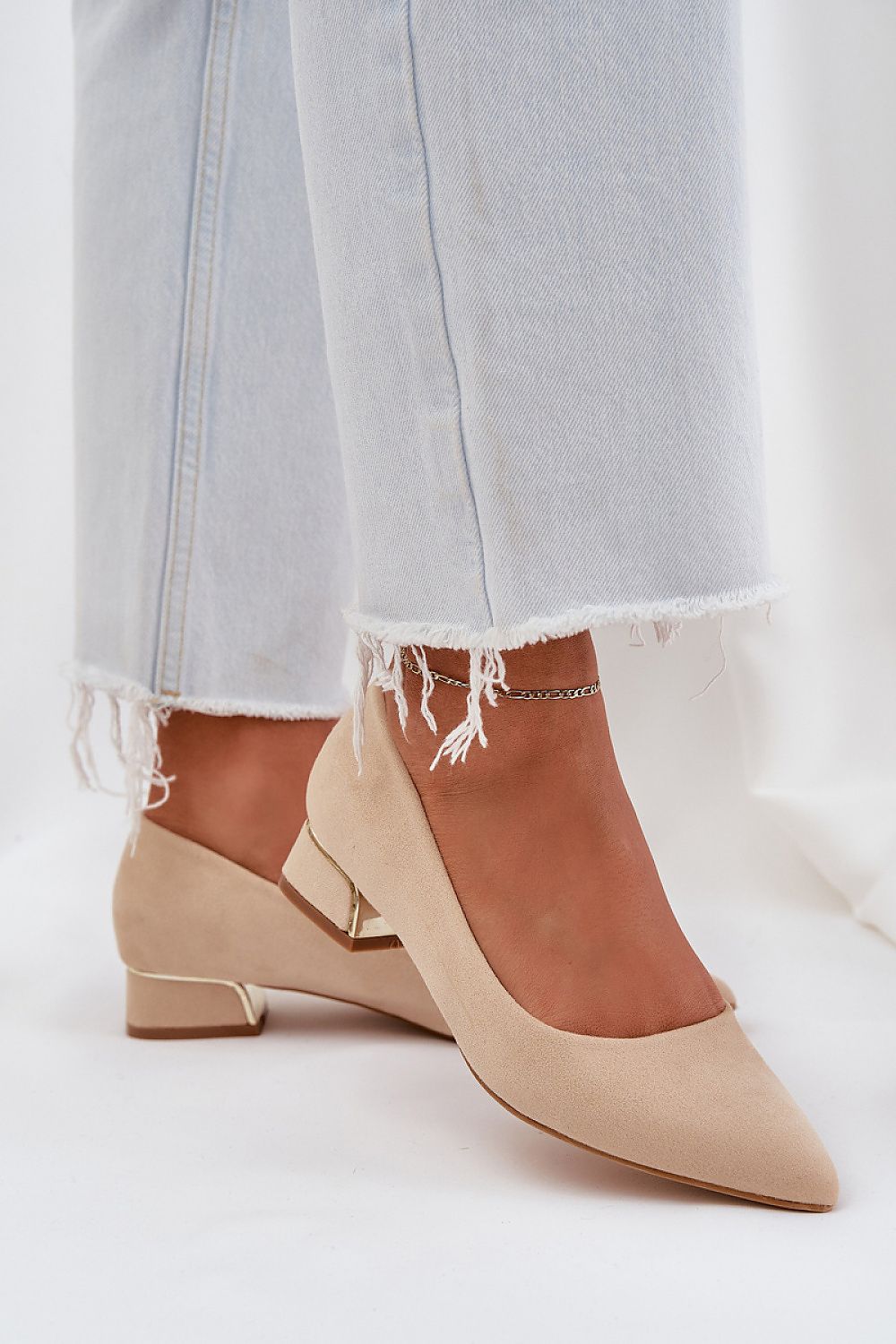 Elegant eco suede low-heeled pumps with gold detail by Step in style, available in sizes EU 36-41, designed for all-day comfort and luxury.
