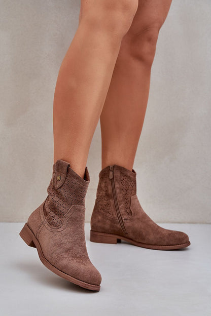 Close-up of the eco suede texture and delicate lace detailing on Step in Style's elegant boots.