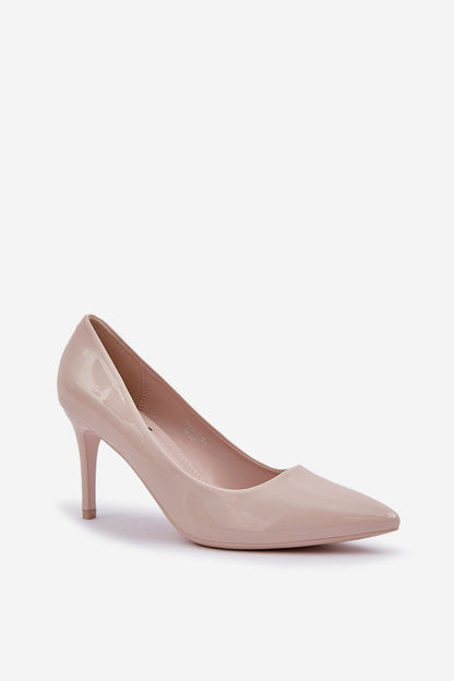 Close-up of Step in Style's chic high heels showcasing patent eco leather texture and 8.5cm heel height, perfect for adding a touch of elegance to any outfit.