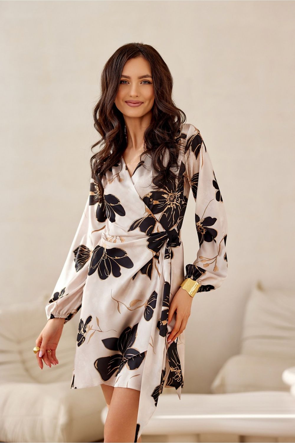 Stylishly designed mini dress by Roco Fashion, featuring a flattering wrap top and flared bottom, ideal for trendy occasions.