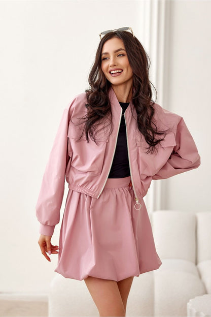 Roco Fashion stylish bomber jacket featuring sleek zip fastening and elegant shorter cut, perfect for a luxurious look.